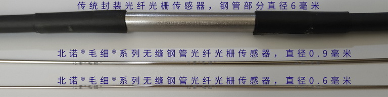 傳統(tǒng)管式封裝的光纖光柵傳感器與北諾?毛細?系列無縫鋼管 光纖光柵傳感器實物對比圖